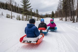 A group of children sledding down a snowy hill.