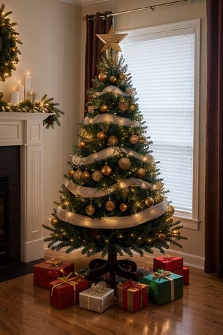 A Christmas tree decorated with string lights and handmade ornaments.