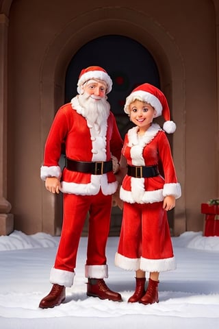 Santa Claus posing in front of Christmas tree with sexy Mrs. Claus wearing a red Santa hat and Santa suit,sntdrs