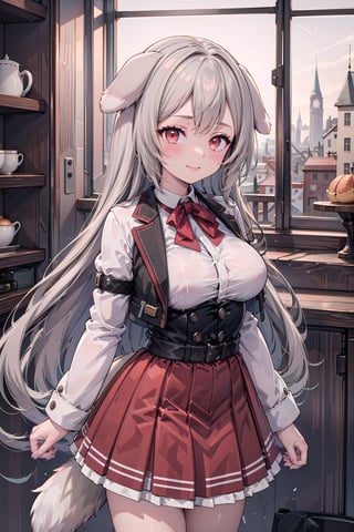 (masterpiece, best quality, glowing light, ultra detailed), high_resolution, perfect_eyes, perfect_anatomy, 

((1girl)), solo, front_view, cowboy_shot, standing, blush, long_hair, smile, animal_ears, dog_ears, long_sleeves, large_breasts, very_long_hair, skirt, red_skirt, jacket, white_shirt, tail, dog_tail, shirt, bow, bowtie, red_bow, brown_eyes, indoors, room, castle,pursena_adoldia, 1girl, long hair, animal ears, dog ears