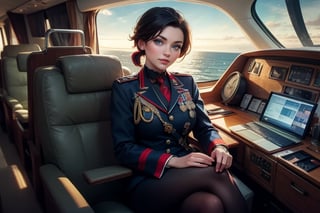 masterpiece,best quality, highly detailed, ruby_rose, looking_at_viewer, ((cowboy shot)), wearing military uniform, sitting, with white haired female military officer, officer with long white ponytail, in private jet above the sea,  other military officers on jet, poakl