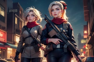 masterpiece,best quality, highly detailed, ruby_rose, looking_at_viewer,  cowboy shot, patrolling next to female military officer with white hair (officer has long white ponytail), in futuristic city street, night, stars, female military with weapons, poakl