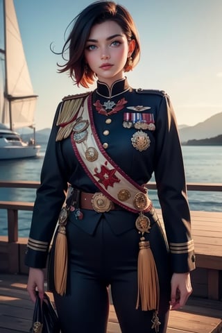 masterpiece,best quality, highly detailed, ruby_rose, looking_at_viewer, ((cowboy shot)), wearing military uniform, standing on pier, next to futuristic yacht, other military officers, poakl