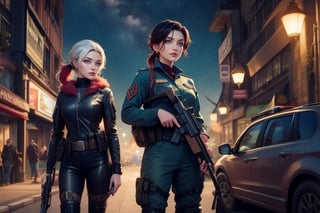 masterpiece,best quality, highly detailed, ruby_rose, looking_at_viewer,  cowboy shot, patrolling with white haired female military officer, officer with long white ponytail, in futuristic city street, night, stars, female military with weapons, poakl