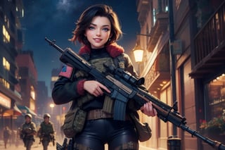 masterpiece,best quality, highly detailed, ruby_rose,1girl,solo,looking_at_viewer, smile, cowboy shot, patrolling with dark skin female military officers, in futuristic city street, night, stars, female military with weapons, poakl