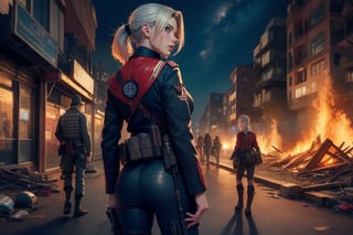 masterpiece,best quality, highly detailed, (ruby_rose, looking_at_viewer,  cowboy shot), standing, with white haired female military officer, officer with long white ponytail, in futuristic city street, night, stars, female military on street, post-war ruins in distance, bonfire, post-apocalypse, dystopian future, poakl