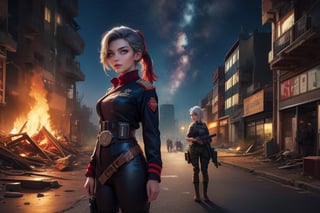 masterpiece,best quality, highly detailed, (ruby_rose, looking_at_viewer,  cowboy shot), standing, with white haired female military officer, officer with long white ponytail, in futuristic city street, night, stars, female military on street, post-war ruins in distance, bonfire, post-apocalypse, dystopian future, poakl