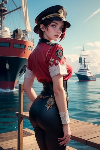 masterpiece,best quality, highly detailed, ruby_rose, looking_at_viewer, ((cowboy shot)), wearing military uniform, standing on pier, next to futuristic yacht, other military officers, poakl