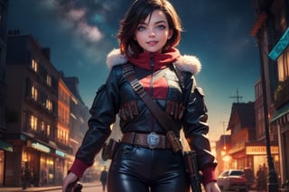 masterpiece,best quality, highly detailed, ruby_rose,1girl,solo,looking_at_viewer, smile, cowboy shot, standing, in futuristic city street, night, stars, female military patrolling with weapons, poakl