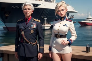 masterpiece,best quality, highly detailed, ruby_rose, looking_at_viewer, ((cowboy shot)), wearing military uniform, standing on pier, next to futuristic yacht, with white haired female military officer, officer with long white ponytail, other military officers, poakl