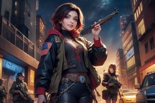 masterpiece,best quality, highly detailed, ruby_rose,1girl,solo,looking_at_viewer, smile, cowboy shot, patrolling with female military officers, in futuristic city street, night, stars, female military with weapons, poakl