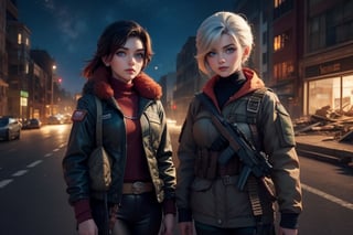 masterpiece,best quality, highly detailed, (ruby_rose, looking_at_viewer,  cowboy shot), standing, with white haired female military officer, officer with long white ponytail, in futuristic city street, night, stars, female military on street, post-war ruins in distance, bonfire, post-apocalypse, dystopian future, poakl