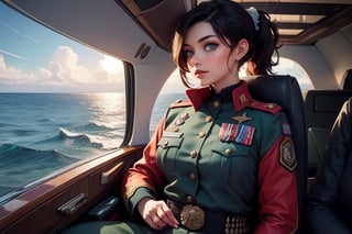 masterpiece,best quality, highly detailed, ruby_rose, looking_at_viewer, ((cowboy shot)), wearing military uniform, sitting, with white haired female military officer, officer with long white ponytail, in private jet above the sea,  other military officers on jet, poakl