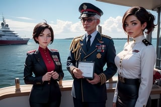 masterpiece,best quality, highly detailed, ruby_rose, looking_at_viewer, ((cowboy shot)), wearing military uniform, standing on pier, next to luxury yacht, with white haired female military officer, officer with long white ponytail, other military officers on jet, poakl