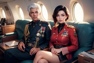 masterpiece,best quality, highly detailed, ruby_rose, looking_at_viewer, ((cowboy shot)), wearing military uniform, sitting, with white haired female military officer, officer with long white ponytail, in private jet above the sea,  other military officers on jet, poakl