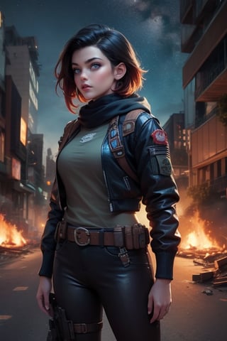 masterpiece,best quality, highly detailed, ruby_rose, looking_at_viewer,  (cowboy shot), standing, in futuristic city street, night, stars, female military on street, post-war ruins in distance, bonfire, post-apocalypse, dystopian future, poakl