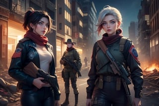 masterpiece,best quality, highly detailed, (ruby_rose, looking_at_viewer,  cowboy shot), standing, with white haired female military officer, officer with long white ponytail, in futuristic city street, night, stars, female military on street, post-war ruins in distance, bonfire, post-apocalypse, dystopian future, poakl