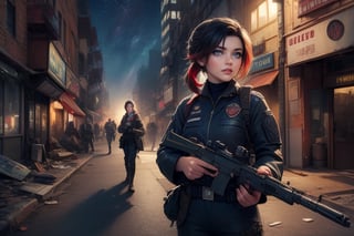 masterpiece,best quality, highly detailed, ruby_rose, looking_at_viewer, cowboy shot, standing, with white haired female military officer, officer with long white ponytail, in cityscape, night, stars, female military on street, post-war ruins in distance, bonfire, post-apocalypse, dystopian future, poakl