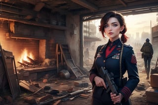 masterpiece,best quality, highly detailed, ruby_rose, looking_at_viewer, cowboy shot, standing, with white haired female military officer, officer with long white ponytail, in cityscape, inside wrecked store, female military on street, post-war ruins in distance, bonfire, post-apocalypse, dystopian future, poakl