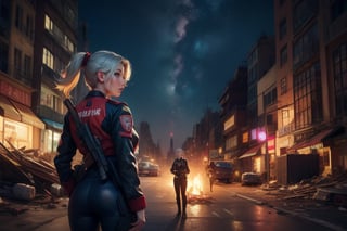 masterpiece,best quality, highly detailed, ruby_rose, looking_at_viewer,  cowboy shot, standing, with white haired female military officer, officer with long white ponytail, in futuristic city street, night, stars, female military on street, post-war ruins in distance, bonfire, post-apocalypse, dystopian future, poakl