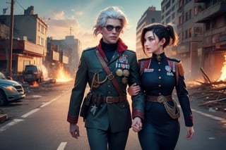 masterpiece,best quality, highly detailed, ruby_rose, looking_at_viewer, ((cowboy shot)), wearing military uniform, walking, with white haired female military officer, officer with long white ponytail, in cityscape,  female military on street, post-war ruins in distance, bonfire, post-apocalypse, dystopian future, poakl