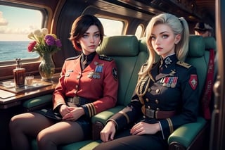 masterpiece,best quality, highly detailed, ruby_rose, looking_at_viewer, ((cowboy shot)), wearing military uniform, sitting, with white haired female military officer, officer with long white ponytail, in private jet above the sea,  other military officers on jet, poakl