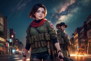 masterpiece,best quality, highly detailed, ruby_rose,1girl,solo,looking_at_viewer, smile, cowboy shot, patrolling with female military officer, in futuristic city street, night, stars, female military with weapons, poakl