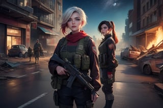 masterpiece,best quality, highly detailed, ruby_rose, looking_at_viewer,  cowboy shot, standing, with white haired female military officer, officer with long white ponytail, in futuristic city street, night, stars, female military on street, post-war ruins in distance, bonfire, post-apocalypse, dystopian future, poakl