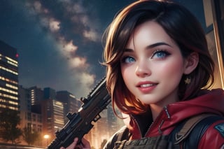 masterpiece,best quality, highly detailed, ruby_rose,1girl,solo,looking_at_viewer, smile, cowboy shot, patrolling with female military, in futuristic city street, night, stars, female military with weapons, poakl