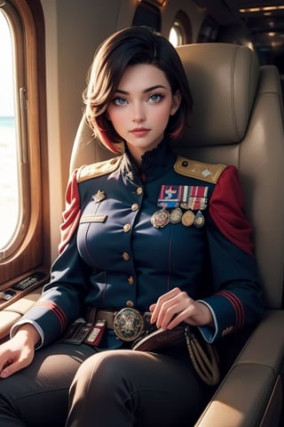 masterpiece,best quality, highly detailed, ruby_rose, looking_at_viewer, ((cowboy shot)), wearing military uniform, sitting in private jet above the sea,  other military officers on jet, poakl