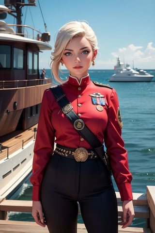 masterpiece,best quality, highly detailed, ruby_rose, looking_at_viewer, ((cowboy shot)), wearing military uniform, standing on pier, next to futuristic yacht, with white haired female military officer, officer with long white ponytail, other military officers, poakl