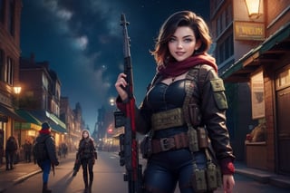 masterpiece,best quality, highly detailed, ruby_rose,1girl,solo,looking_at_viewer, smile, cowboy shot, patrolling with female military, in futuristic city street, night, stars, female military with weapons, poakl