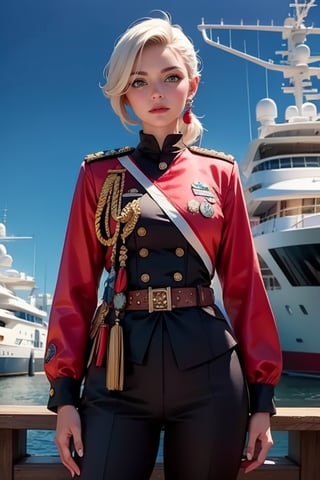 masterpiece,best quality, highly detailed, ruby_rose, looking_at_viewer, ((cowboy shot)), wearing military uniform, standing on pier, next to futuristic yacht, with white haired female military officer, officer with long white ponytail, other military officers, poakl