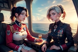 masterpiece,best quality, highly detailed, ruby_rose, looking_at_viewer, ((cowboy shot)), wearing military uniform, sitting, with white haired female military officer, officer with long white ponytail, in private jet above the sea,  other military officers on jet, poakl