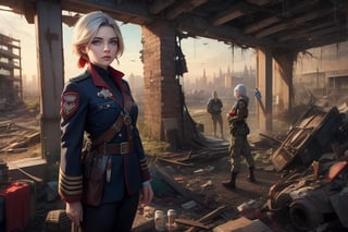 masterpiece,best quality, highly detailed, ruby_rose, looking_at_viewer, cowboy shot, standing, with white haired female military officer, officer with long white ponytail, in cityscape, inside wrecked store, female military on street, post-war ruins in distance, bonfire, post-apocalypse, dystopian future, poakl