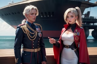 masterpiece,best quality, highly detailed, ruby_rose, looking_at_viewer, ((cowboy shot)), wearing military uniform, standing on pier, next to futuristic flying yacht, with white haired female military officer, officer with long white ponytail, other military officers, poakl