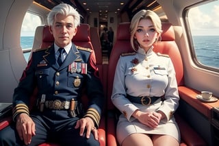 masterpiece,best quality, highly detailed, ruby_rose, looking_at_viewer, ((cowboy shot)), wearing military uniform, sitting, with white haired female military officer, officer with long white ponytail, in private jet above the sea,  other military officers on jet, poakl