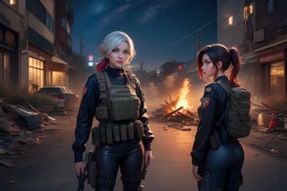 masterpiece,best quality, highly detailed, ruby_rose, looking_at_viewer,  cowboy shot, patrolling with white haired female military officer, officer with long white ponytail, in futuristic city street, night, stars, female military on street, post-war ruins in distance, bonfire, post-apocalypse, dystopian future, poakl