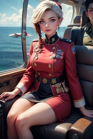 masterpiece,best quality, highly detailed, ruby_rose, looking_at_viewer, ((cowboy shot)), wearing military uniform, sitting, with white haired female military officer, officer with long white ponytail, in private jet above the sea,  other military officers on jet, poakl