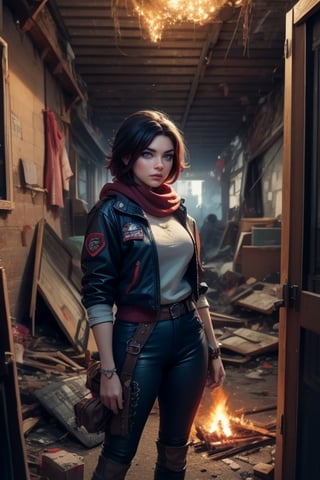 masterpiece,best quality, highly detailed, ruby_rose, looking_at_viewer, cowboy shot, standing, in cityscape, inside wrecked store, female military on street, post-war ruins in distance, bonfire, post-apocalypse, dystopian future, poakl