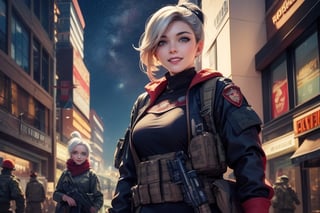 masterpiece,best quality, highly detailed, ruby_rose,1girl,solo,looking_at_viewer, smile, cowboy shot, patrolling next to female military officer with white hair (officer has long white ponytail), in futuristic city street, night, stars, female military with weapons, poakl