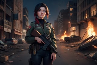 masterpiece,best quality, highly detailed, ruby_rose, looking_at_viewer, cowboy shot, standing, with white haired female military officer, officer with long white ponytail, in cityscape, inside wrecked store, female military on street, post-war ruins in distance, bonfire, post-apocalypse, dystopian future, poakl