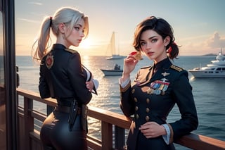 masterpiece,best quality, highly detailed, ruby_rose, looking_at_viewer, ((cowboy shot)), wearing military uniform, standing on pier, next to luxury yacht, with white haired female military officer, officer with long white ponytail, other military officers, poakl