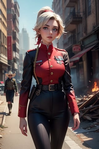 masterpiece,best quality, highly detailed, ruby_rose, looking_at_viewer, ((cowboy shot)), wearing military uniform, walking, with white haired female military officer, officer with long white ponytail, in cityscape,  female military on street, post-war ruins in distance, bonfire, post-apocalypse, dystopian future, poakl