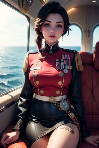 masterpiece,best quality, highly detailed, ruby_rose, looking_at_viewer, ((cowboy shot)), wearing military uniform, sitting, with white haired female military officer, officer with long white ponytail, in private jet above the sea,  other military officers on jet, poakl