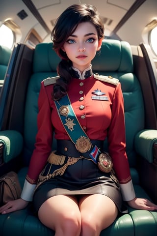 masterpiece,best quality, highly detailed, ruby_rose, looking_at_viewer, ((cowboy shot)), wearing military uniform, sitting, with white haired female military officer, officer with long white ponytail, in private jet above the sea,  other military officers on jet, poakl