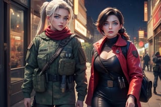 masterpiece,best quality, highly detailed, ruby_rose, looking_at_viewer,  cowboy shot, patrolling with white haired female military officer, officer with long white ponytail, in futuristic city street, night, stars, female military on street, poakl