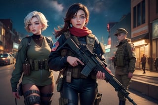 masterpiece,best quality, highly detailed, ruby_rose, looking_at_viewer,  cowboy shot, patrolling with white haired female military officer, officer with long white ponytail, in futuristic city street, night, stars, female military with weapons, poakl