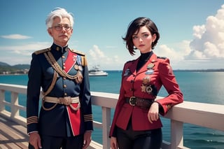 masterpiece,best quality, highly detailed, ruby_rose, looking_at_viewer, ((cowboy shot)), wearing military uniform, standing on pier, next to luxury yacht, with white haired female military officer, officer with long white ponytail, other military officers, poakl