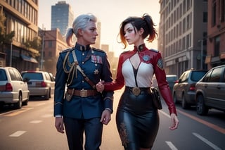 masterpiece,best quality, highly detailed, ruby_rose, looking_at_viewer, ((cowboy shot)), wearing military uniform, walking, with white haired female military officer, officer with long white ponytail, in cityscape,  female military on street, post-war ruins in distance, bonfire, post-apocalypse, dystopian future, poakl